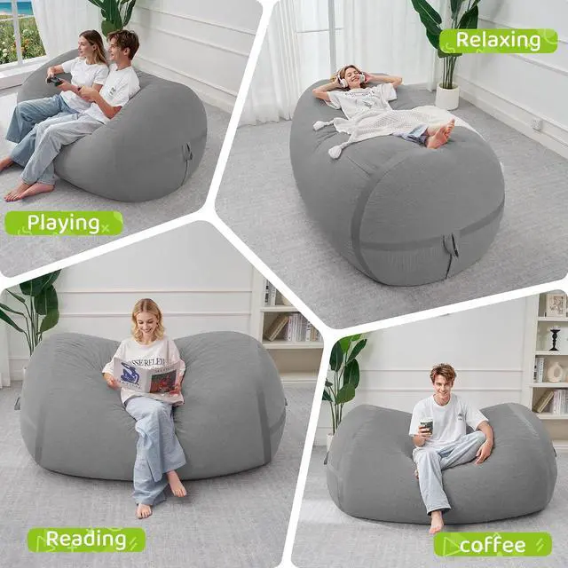 Alt view image 5 of 6 - Bean Bag Chair, 5FT Large Bean Bag Chair with Removable Cover, Comfy Beanbag Chair with Memory Foam Filling, Bean Bag Sofa for Living Room Bedroom Reading Room, Light Grey