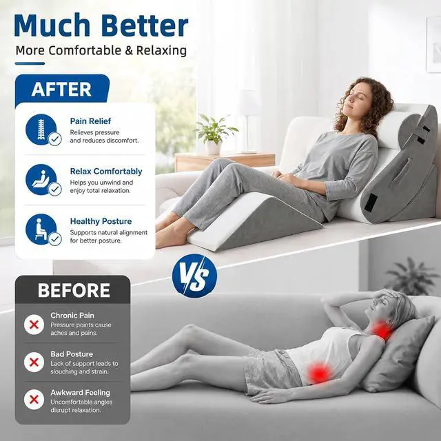 Alt view image 4 of 7 - 4Pcs Orthopedic Wedge Pillow, Adjustable Triangle Support Pillow for Back Pain Relief & Post Surgery Use, Soft Bed Wedge Pillow with Removable Washable Cover, Memory Foam, Grey