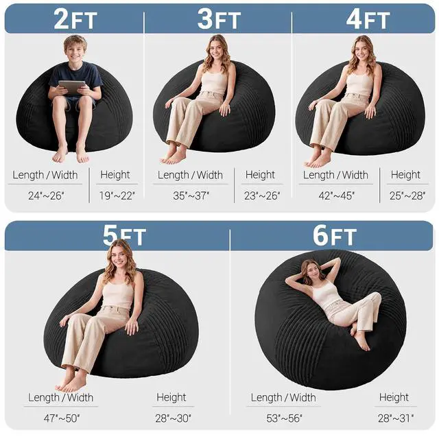 Alt view image 2 of 7 - 3FT Bean Bag Chairs Teardrop Bean Bag Chairs for Adults Beanbag Chair with Memory Foam Filled Soft Stripe Leaf alongside Plush Faux Fur Washable Cover for Dorm, Bedroom(Stripe BK)