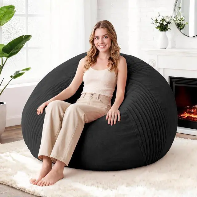Main image of 3FT Bean Bag Chairs Teardrop Bean Bag Chairs for Adults Beanbag Chair with Memory Foam Filled Soft Stripe Leaf alongside Plush Faux Fur Washable Cover for Dorm, Bedroom(Stripe BK)
