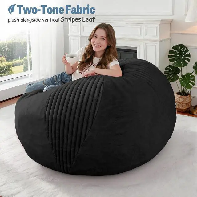 Alt view image 5 of 7 - 3FT Bean Bag Chairs Teardrop Bean Bag Chairs for Adults Beanbag Chair with Memory Foam Filled Soft Stripe Leaf alongside Plush Faux Fur Washable Cover for Dorm, Bedroom(Stripe BK)