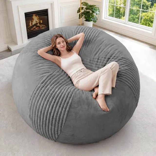 Main image of 6FT Bean Bag Chairs Teardrop Bean Bag Chairs for Adults Beanbag Chair with Memory Foam Filled Soft Stripe Leaf alongside Plush Faux Fur Washable Cover for Dorm, Bedroom(Stripe DGY)