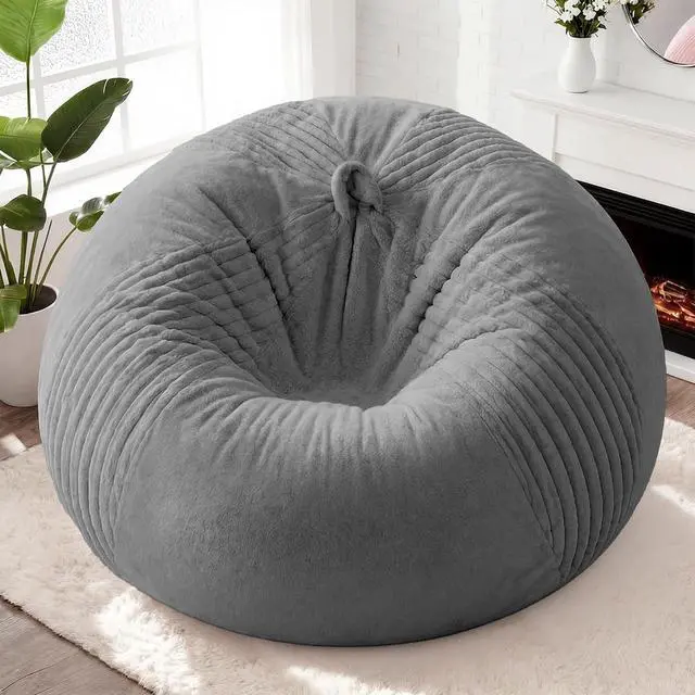 Alt view image 3 of 7 - 6FT Bean Bag Chairs Teardrop Bean Bag Chairs for Adults Beanbag Chair with Memory Foam Filled Soft Stripe Leaf alongside Plush Faux Fur Washable Cover for Dorm, Bedroom(Stripe DGY)