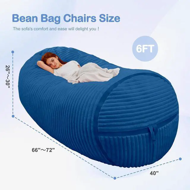 Alt view image 2 of 6 - Bean Bag Chair 6FT Bean Bag Chairs with Memory Foam Filled,6' Small Comfy Beanbag Chair with Soft Faux Fur Cover,Comfy Bean Bag Sofa for Classroom,Living Room,Game Room,Bedroom-Blue