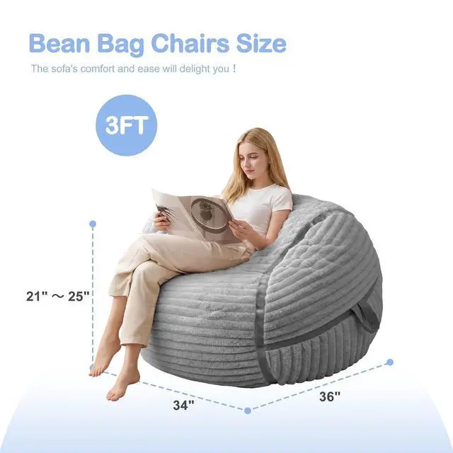 Alt view image 2 of 7 - Bean Bag Chair 3FT Bean Bag Chairs for Adults with Soft Removable Cover,3'Memory Foam Filled Beanbag Chair,Comfortable Bean Bag Sofa for Living Room,Game Room,Bedroom-Light Gray
