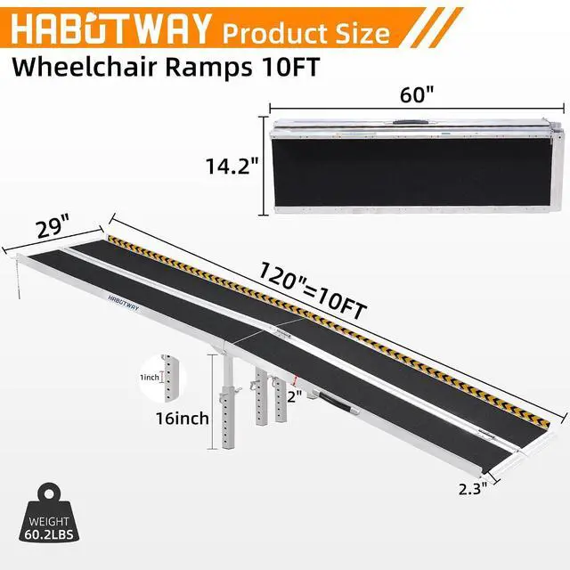 Alt view image 4 of 7 - 10ft Wheelchair Ramp, Portable Wheelchair Ramp with Support Legs, Double Non-Skid Ramps Hold Up to 800Lbs, Threshold Ramps for Home,Stairs, Curbs,Steps,Doorway