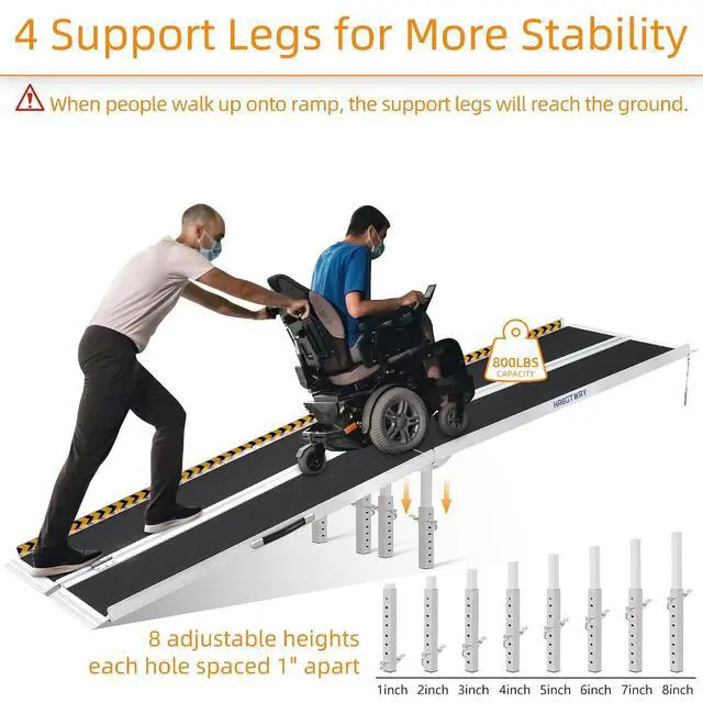 Alt view image 5 of 7 - 10ft Wheelchair Ramp, Portable Wheelchair Ramp with Support Legs, Double Non-Skid Ramps Hold Up to 800Lbs, Threshold Ramps for Home,Stairs, Curbs,Steps,Doorway