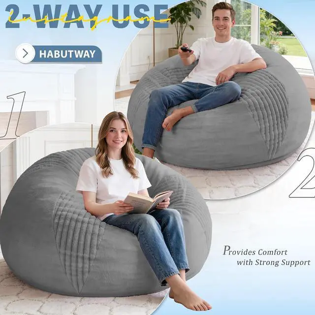Alt view image 4 of 7 - 6FT Bean Bag Chairs Teardrop Bean Bag Chairs for Adults Beanbag Chair with Memory Foam Filled Soft Stripe Leaf alongside Plush Faux Fur Washable Cover for Dorm, Bedroom(Stripe DGY)