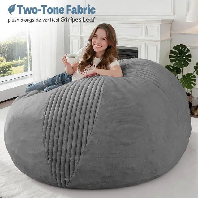 Alt view image 5 of 7 - 6FT Bean Bag Chairs Teardrop Bean Bag Chairs for Adults Beanbag Chair with Memory Foam Filled Soft Stripe Leaf alongside Plush Faux Fur Washable Cover for Dorm, Bedroom(Stripe DGY)