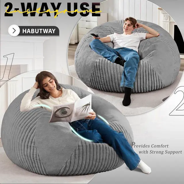 Alt view image 4 of 7 - 6FT Bean Bag Chairs Teardrop Bean Bag Chairs for Adults Beanbag Chair with Memory Foam Filled Soft Plush Leaf alongside Stripe Faux Fur Washable Cover for Dorm, Bedroom(Plush DGY)