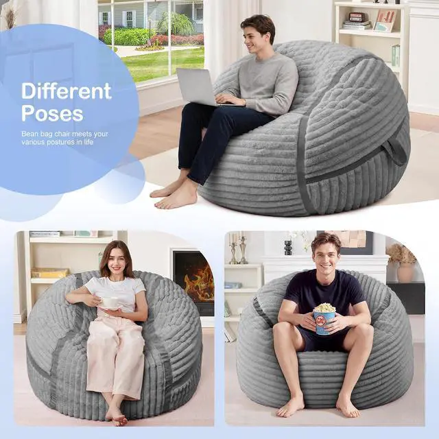 Alt view image 6 of 7 - Bean Bag Chair 3FT Bean Bag Chairs for Adults with Soft Removable Cover,3'Memory Foam Filled Beanbag Chair,Comfortable Bean Bag Sofa for Living Room,Game Room,Bedroom-Light Gray