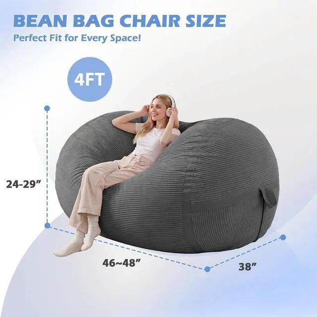 Alt view image 2 of 6 - Bean Bag Chair, 4FT Large Bean Bag Chair with Memory Foam, Ultra-Soft Corduroy Cover & Zipper Design, Portable Handle Comfy Bean Bag Sofa for Living Room, Bedroom, No Assembly - Dark Grey
