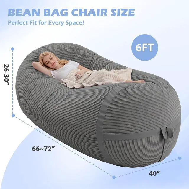 Alt view image 2 of 6 - Bean Bag Chair, 6FT Giant Bean Bag Chair with Memory Foam, Ultra-Soft Corduroy Cover & Zipper Design, Portable Handle Comfy Bean Bag Sofa for Living Room, Bedroom, No Assembly - Dark Grey