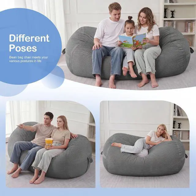 Alt view image 4 of 6 - Bean Bag Chair, 6FT Giant Bean Bag Chair with Memory Foam, Ultra-Soft Corduroy Cover & Zipper Design, Portable Handle Comfy Bean Bag Sofa for Living Room, Bedroom, No Assembly - Dark Grey