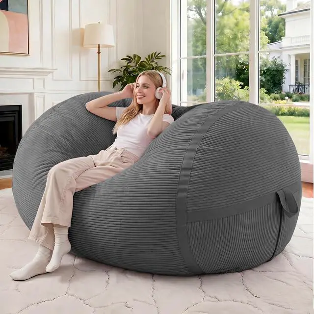 Main image of Bean Bag Chair, 4FT Large Bean Bag Chair with Memory Foam, Ultra-Soft Corduroy Cover & Zipper Design, Portable Handle Comfy Bean Bag Sofa for Living Room, Bedroom, No Assembly - Dark Grey