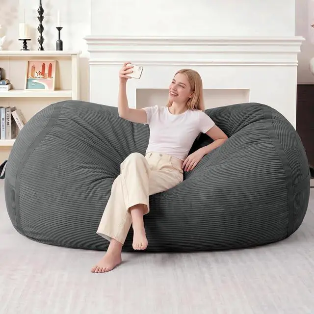 Alt view image 3 of 6 - Bean Bag Chair, 6FT Giant Bean Bag Chair with Memory Foam, Ultra-Soft Corduroy Cover & Zipper Design, Portable Handle Comfy Bean Bag Sofa for Living Room, Bedroom, No Assembly - Dark Grey