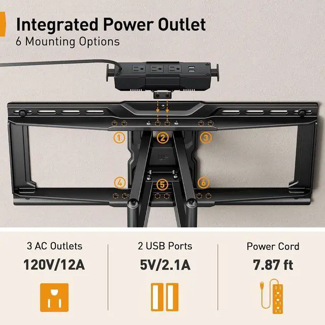 Alt view image 4 of 7 - Full Motion TV Wall Mount with Power Strip for 4290 Inch TVs up to 150 lbs, Pre-Assembled TV Mount Has Smooth Swivel, Tilt, Extension, Max VESA 600x400mm, 12/16/24 Wood Studs, PGLF11