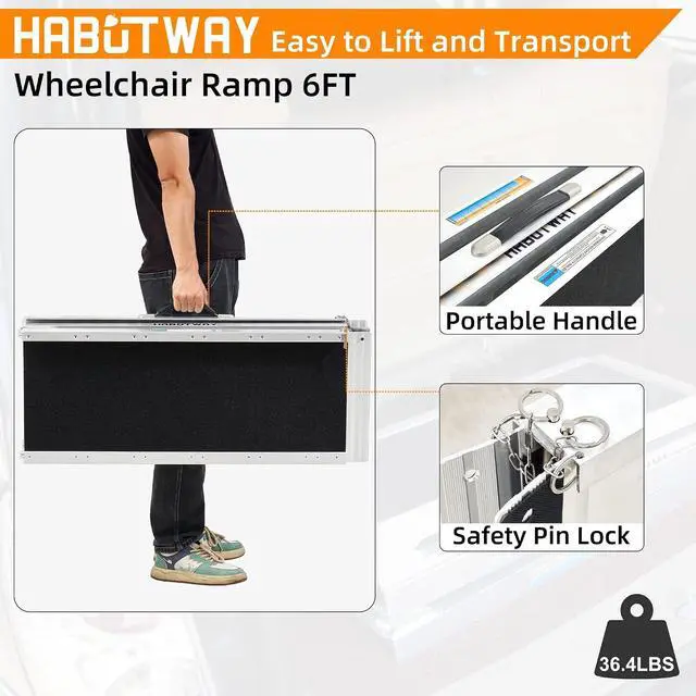 Alt view image 4 of 7 - 6ft Wheelchair Ramp, Portable Wheelchair Ramps for Home Steps, Double Non-Skid Ramps Hold Up to 800Lbs, Threshold Ramp for Home,Stairs, Curbs,Steps,Doorway