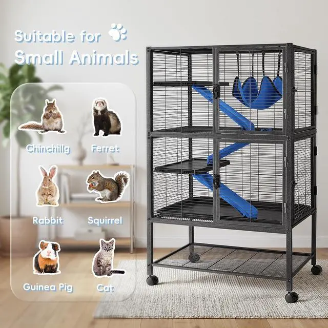 Alt view image 3 of 7 - 52''H Large Metal Rolling Ferrets Cage, 4-Tiers Small Animal Cages, Cage for Rats/Chinchillas, 0.5'' Bar Spacing for Ferret,Small Animal Cage w/Removable Ramp & Platform