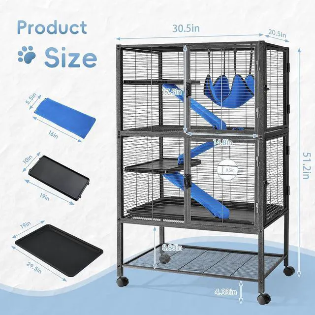 Alt view image 2 of 7 - 52''H Large Metal Rolling Ferrets Cage, 4-Tiers Small Animal Cages, Cage for Rats/Chinchillas, 0.5'' Bar Spacing for Ferret,Small Animal Cage w/Removable Ramp & Platform