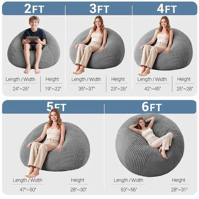 Alt view image 2 of 7 - 4FT Bean Bag Chairs Teardrop Bean Bag Chairs for Adults Beanbag Chair with Memory Foam Filled Soft Stripe Leaf alongside Plush Faux Fur Washable Cover for Dorm, Bedroom(Stripe DGY)
