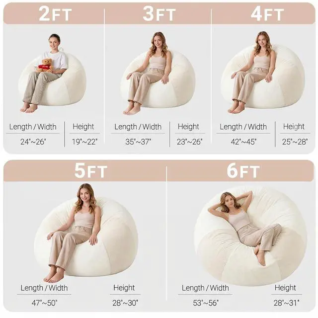 Alt view image 2 of 7 - 4FT Bean Bag Chair Teardrop Bean Bag Chairs for Adults beanbag with Memory Foam Filled with Dual-Tone Unique Combination Corduroy & Luxury Distressed Velvet Washable Cover,Corduroy White