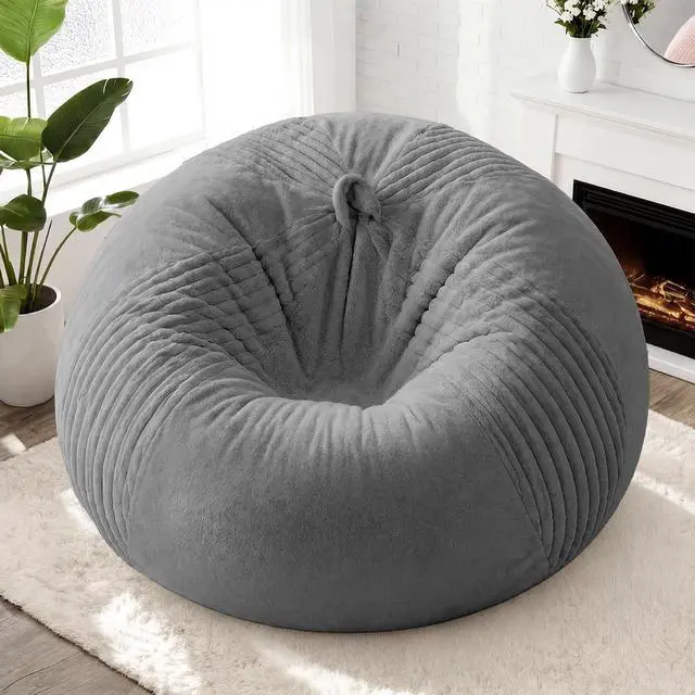Alt view image 3 of 7 - 5FT Bean Bag Chairs Teardrop Bean Bag Chairs for Adults Beanbag Chair with Memory Foam Filled Soft Stripe Leaf alongside Plush Faux Fur Washable Cover for Dorm, Bedroom(Stripe DGY)