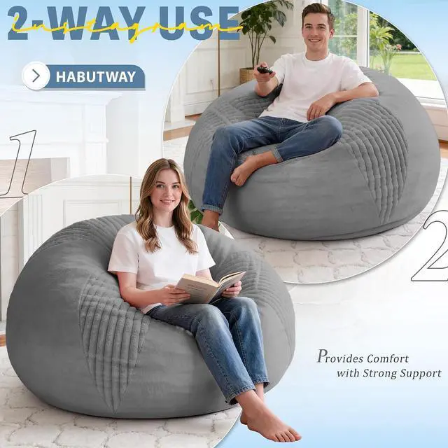Alt view image 4 of 7 - 5FT Bean Bag Chairs Teardrop Bean Bag Chairs for Adults Beanbag Chair with Memory Foam Filled Soft Stripe Leaf alongside Plush Faux Fur Washable Cover for Dorm, Bedroom(Stripe DGY)
