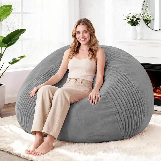 Main image of 5FT Bean Bag Chairs Teardrop Bean Bag Chairs for Adults Beanbag Chair with Memory Foam Filled Soft Stripe Leaf alongside Plush Faux Fur Washable Cover for Dorm, Bedroom(Stripe DGY)