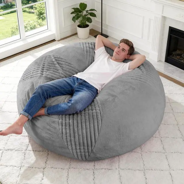 Alt view image 7 of 7 - 5FT Bean Bag Chairs Teardrop Bean Bag Chairs for Adults Beanbag Chair with Memory Foam Filled Soft Stripe Leaf alongside Plush Faux Fur Washable Cover for Dorm, Bedroom(Stripe DGY)