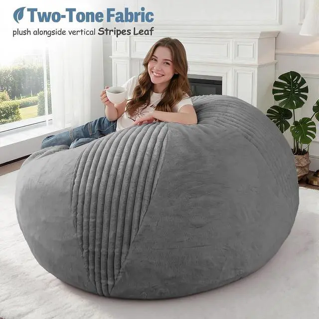 Alt view image 5 of 7 - 5FT Bean Bag Chairs Teardrop Bean Bag Chairs for Adults Beanbag Chair with Memory Foam Filled Soft Stripe Leaf alongside Plush Faux Fur Washable Cover for Dorm, Bedroom(Stripe DGY)