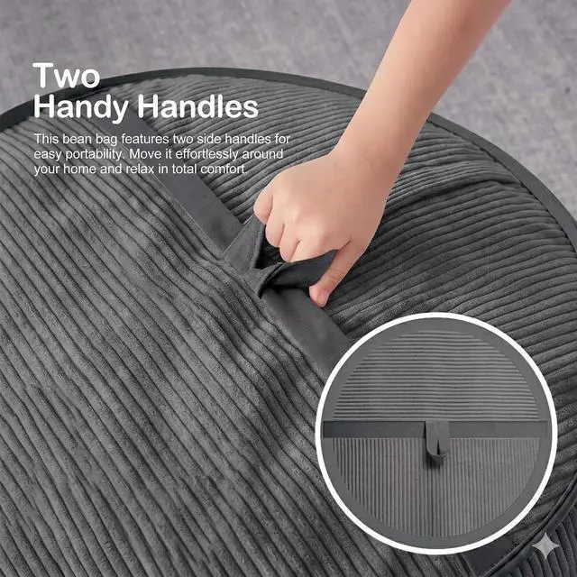 Alt view image 5 of 6 - Bean Bag Chair, 6FT Giant Bean Bag Chair with Memory Foam, Ultra-Soft Corduroy Cover & Zipper Design, Portable Handle Comfy Bean Bag Sofa for Living Room, Bedroom, No Assembly - Dark Grey