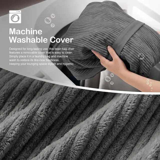 Alt view image 6 of 6 - Bean Bag Chair, 6FT Giant Bean Bag Chair with Memory Foam, Ultra-Soft Corduroy Cover & Zipper Design, Portable Handle Comfy Bean Bag Sofa for Living Room, Bedroom, No Assembly - Dark Grey