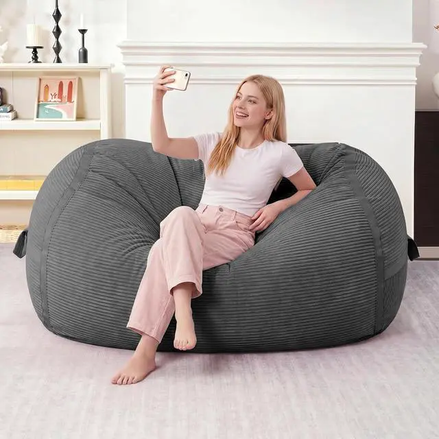 Alt view image 3 of 6 - Bean Bag Chair, 4FT Large Bean Bag Chair with Memory Foam, Ultra-Soft Corduroy Cover & Zipper Design, Portable Handle Comfy Bean Bag Sofa for Living Room, Bedroom, No Assembly - Dark Grey