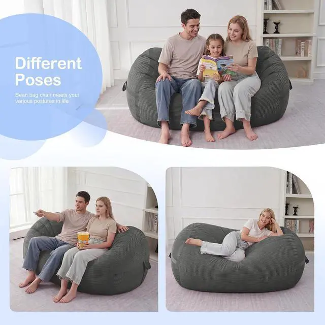 Alt view image 4 of 6 - Bean Bag Chair, 4FT Large Bean Bag Chair with Memory Foam, Ultra-Soft Corduroy Cover & Zipper Design, Portable Handle Comfy Bean Bag Sofa for Living Room, Bedroom, No Assembly - Dark Grey