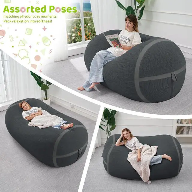Alt view image 4 of 6 - Bean Bag Chair, 5FT Large Bean Bag Chair with Removable Cover, Comfy Beanbag Chair with Memory Foam Filling, Bean Bag Sofa for Living Room Bedroom Reading Room, Dark Grey