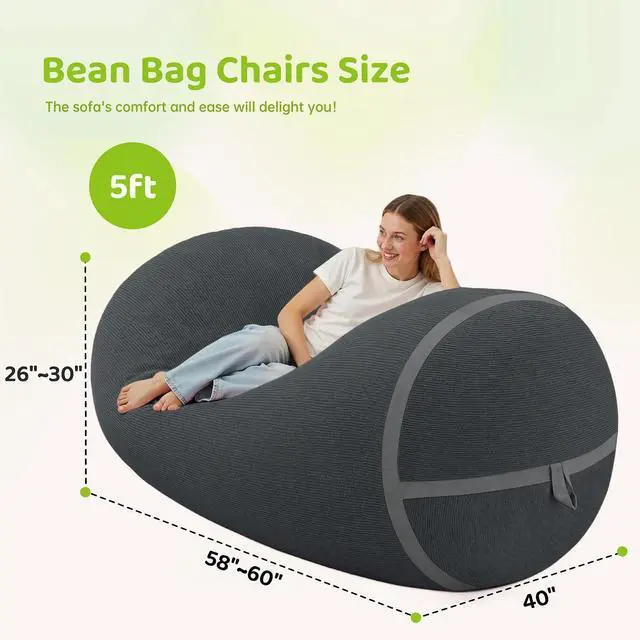 Alt view image 2 of 6 - Bean Bag Chair, 5FT Large Bean Bag Chair with Removable Cover, Comfy Beanbag Chair with Memory Foam Filling, Bean Bag Sofa for Living Room Bedroom Reading Room, Dark Grey