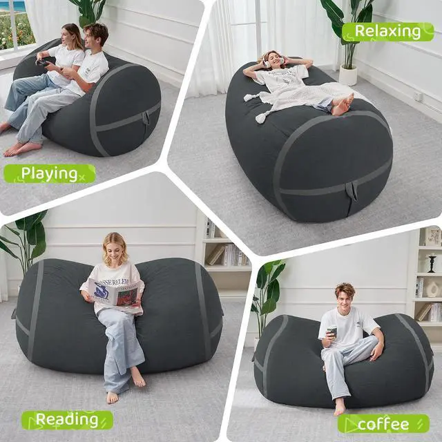 Alt view image 5 of 6 - Bean Bag Chair, 5FT Large Bean Bag Chair with Removable Cover, Comfy Beanbag Chair with Memory Foam Filling, Bean Bag Sofa for Living Room Bedroom Reading Room, Dark Grey