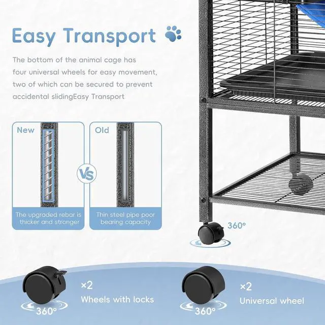 Alt view image 7 of 7 - 52''H Large Metal Rolling Ferrets Cage, 4-Tiers Small Animal Cages, Cage for Rats/Chinchillas, 0.5'' Bar Spacing for Ferret,Small Animal Cage w/Removable Ramp & Platform