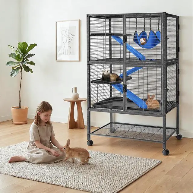 Alt view image 5 of 7 - 52''H Large Metal Rolling Ferrets Cage, 4-Tiers Small Animal Cages, Cage for Rats/Chinchillas, 0.5'' Bar Spacing for Ferret,Small Animal Cage w/Removable Ramp & Platform