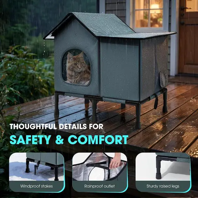 Alt view image 4 of 7 - Weatherproof Heated Cat House for Outside with Heating Pad, Elevated Feet Outdoor Cat House, Expanded Canopy Warm Cats Shelter, Heating Pet Beds for Feral or Stray Cats in Winter (Warm Grey, Unheated)