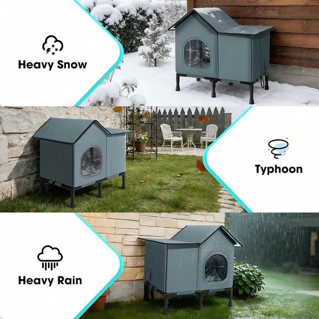 Alt view image 5 of 7 - Weatherproof Heated Cat House for Outside with Heating Pad, Elevated Feet Outdoor Cat House, Expanded Canopy Warm Cats Shelter, Heating Pet Beds for Feral or Stray Cats in Winter (Warm Grey, Unheated)