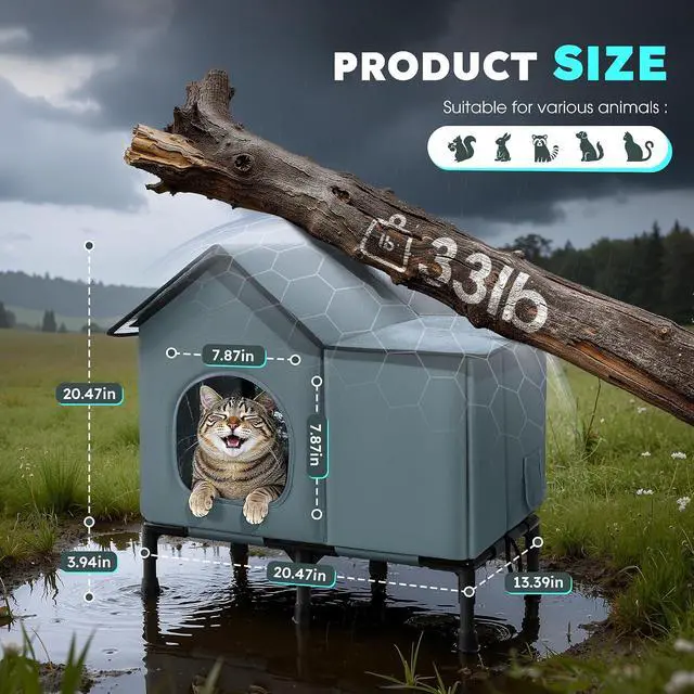 Alt view image 2 of 7 - Weatherproof Heated Cat House for Outside with Heating Pad, Elevated Feet Outdoor Cat House, Expanded Canopy Warm Cats Shelter, Heating Pet Beds for Feral or Stray Cats in Winter (Warm Grey, Unheated)