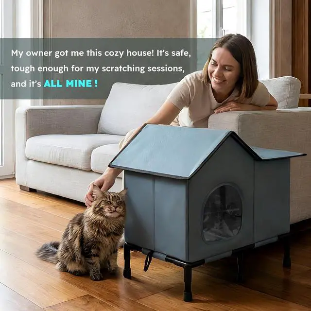 Alt view image 7 of 7 - Weatherproof Heated Cat House for Outside with Heating Pad, Elevated Feet Outdoor Cat House, Expanded Canopy Warm Cats Shelter, Heating Pet Beds for Feral or Stray Cats in Winter (Warm Grey, Unheated)