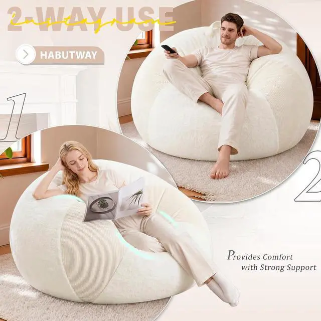 Alt view image 4 of 7 - 4FT Bean Bag Chair Teardrop Bean Bag Chairs for Adults beanbag with Memory Foam Filled with Dual-Tone Unique Combination Corduroy & Luxury Distressed Velvet Washable Cover,Corduroy White
