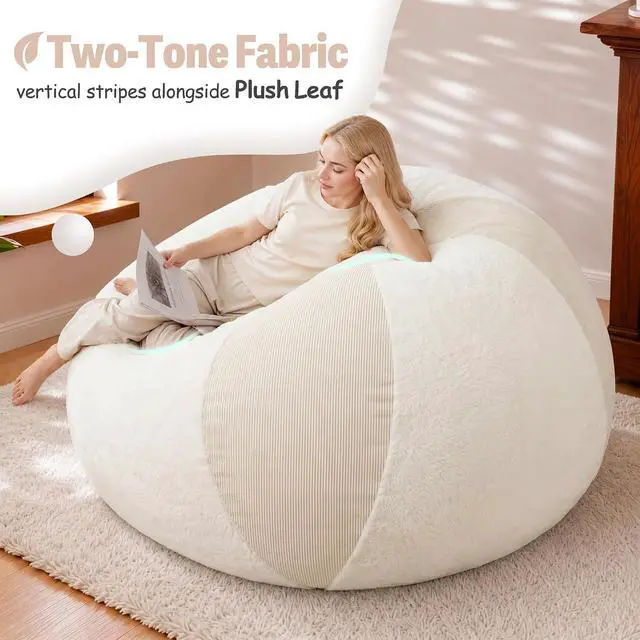 Alt view image 5 of 7 - 4FT Bean Bag Chair Teardrop Bean Bag Chairs for Adults beanbag with Memory Foam Filled with Dual-Tone Unique Combination Corduroy & Luxury Distressed Velvet Washable Cover,Corduroy White