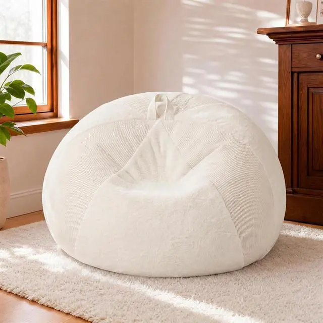 Alt view image 3 of 7 - 4FT Bean Bag Chair Teardrop Bean Bag Chairs for Adults beanbag with Memory Foam Filled with Dual-Tone Unique Combination Corduroy & Luxury Distressed Velvet Washable Cover,Corduroy White