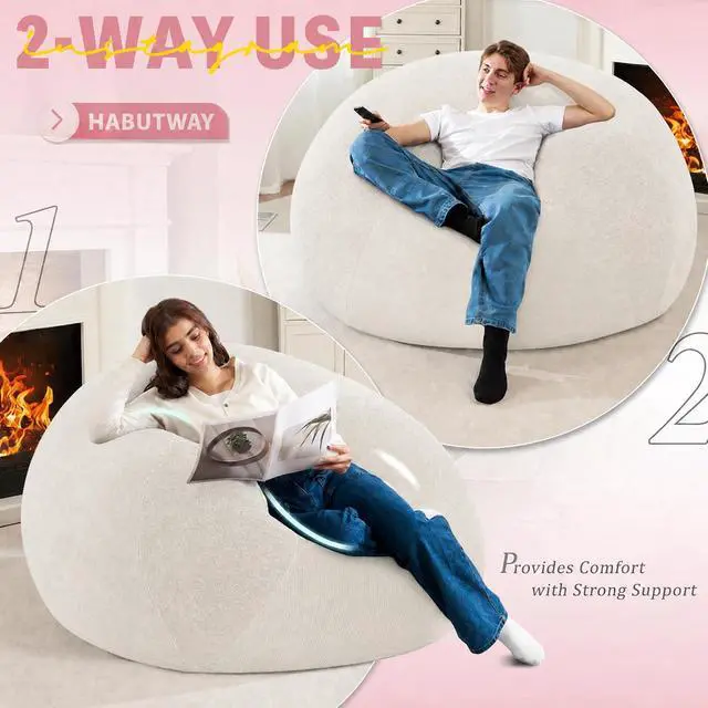 Alt view image 4 of 7 - 5FT Bean Bag Chair Teardrop Bean Bag Chairs for Adults beanbag with Memory Foam Filled with Dual-Tone Unique Combination Corduroy & Luxury Distressed Velvet Washable Cover,Velvet White