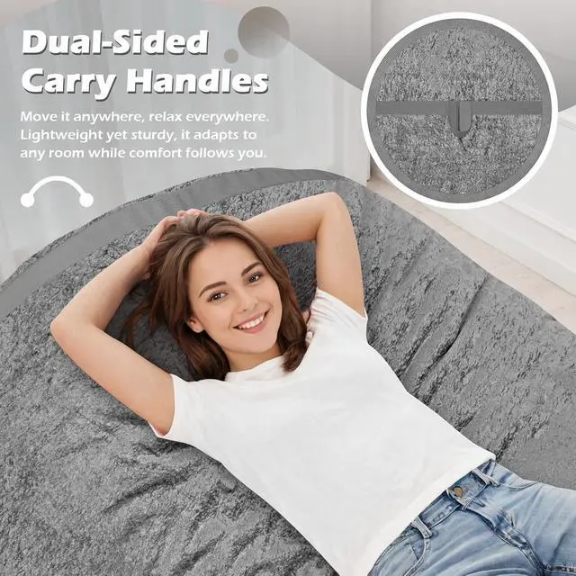 Alt view image 5 of 6 - 5FT Bean Bag Chair,Giant BeanBag Chairs with Memory Foam Filled, Ultra-Soft Velvet with Portable Handle & Removable Cover, Comfy Bean Bag Sofa for Living Room, No Assembly - Dark Grey