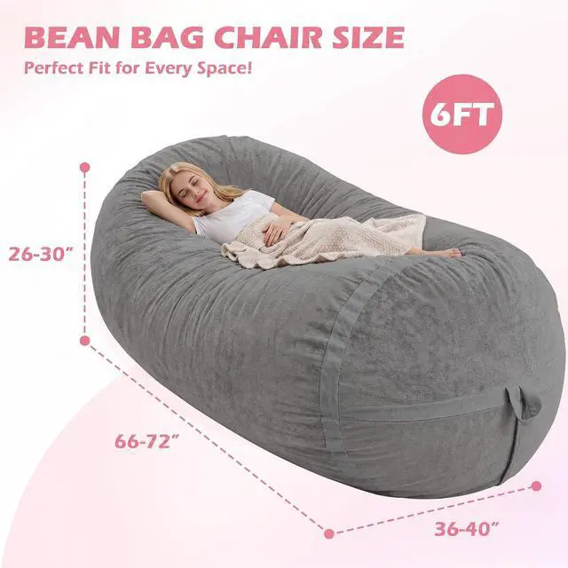 Alt view image 2 of 6 - 6FT Bean Bag Chair,Giant BeanBag Chairs with Memory Foam Filled, Ultra-Soft Velvet with Portable Handle & Removable Cover, Comfy Bean Bag Sofa for Living Room, No Assembly - Dark Grey